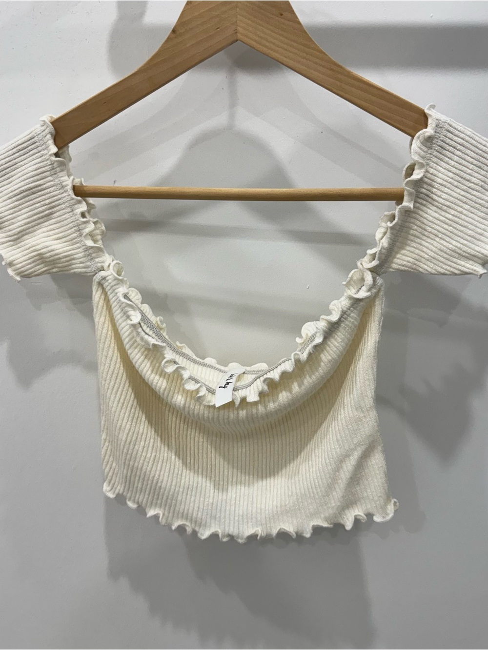 Lock & Key Ribbed Ruffle Off-Shoulder Crop Top — Cream